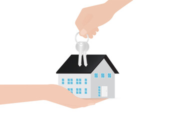 Hand Holding House and Key. House Real Estate Property. House Loan, Mortgage or Renting House Concept. Vector Illustration. 