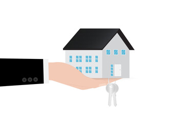 Fototapeta na wymiar Hand Holding House and Key. House Real Estate Property. House Loan, Mortgage or Renting House Concept. Vector Illustration. 