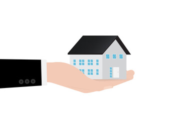 Hand Holding House. House Real Estate Property. House Loan, Mortgage or Renting House Concept. Vector Illustration. 