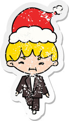 hand drawn christmas distressed sticker cartoon of kawaii boy