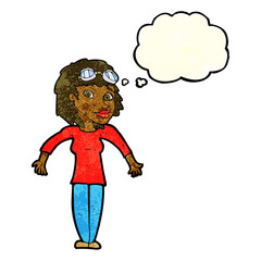 cartoon woman wearing goggles with thought bubble