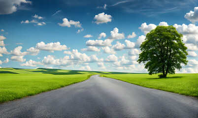 Scenic landscape with lush green field and road