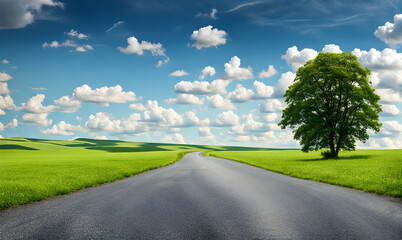 Fototapeta premium Scenic landscape with lush green field and road
