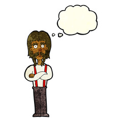 Obraz na płótnie Canvas cartoon long mustache man with folded arms with thought bubble