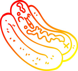 warm gradient line drawing of a cartoon hotdog in bun with ketchup - obrazy, fototapety, plakaty