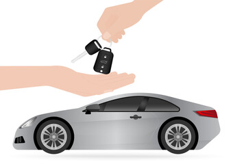 Hand Holding and Giving Car Key with Sedan Car. Car Key with Remote Control. Vector Illustration Isolated on White Background. 