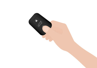 Hand Pressing Car Key Remote Control to Lock or Unlock Car. Car Alarm System. Vector Illustration. 