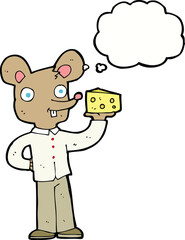 cartoon mouse holding cheese with thought bubble