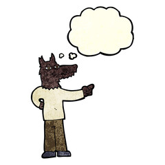 cartoon pointing wolf man with thought bubble