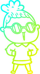 cold gradient line drawing of a cartoon woman wearing spectacles