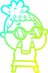 cold gradient line drawing of a cartoon woman wearing glasses