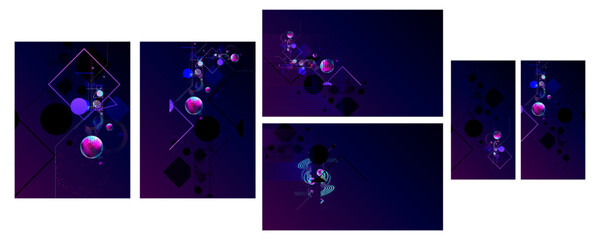 Fototapeta na wymiar Set Dark retro futuristic cyberpunk elements abstraction background cosmos synthwave vaporwave retrowave glitch circle with blue and pink glows