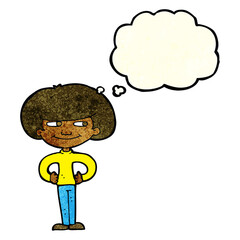 cartoon boy with hands on hips with thought bubble