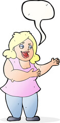 cartoon happy fat woman with speech bubble