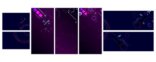 Set Dark retro futuristic cyberpunk elements abstraction background cosmos synthwave vaporwave retrowave glitch circle with blue and pink glows