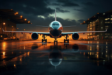 Boeing airplane landing at an airport at sunset. Generative AI.