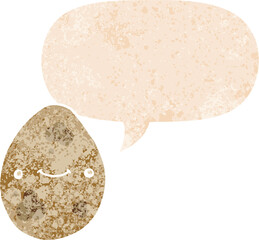 cartoon egg with speech bubble in grunge distressed retro textured style