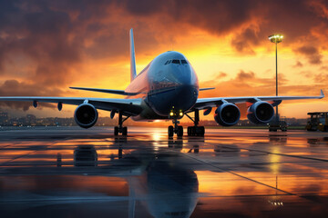 Fototapeta na wymiar Boeing airplane landing at an airport at sunset. Generative AI.