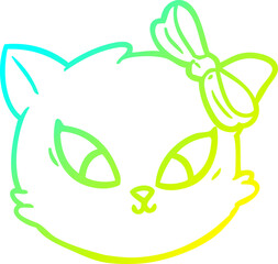 cold gradient line drawing of a cute cartoon cat with bow