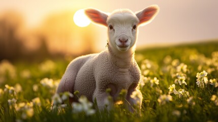 Springtime is being enjoyed by a cute lamb on the meadow.