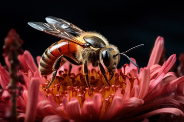 Wasp collecting pollen from flowers. Generative AI.