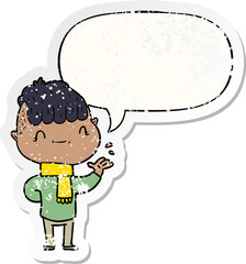 cartoon friendly boy with speech bubble distressed distressed old sticker