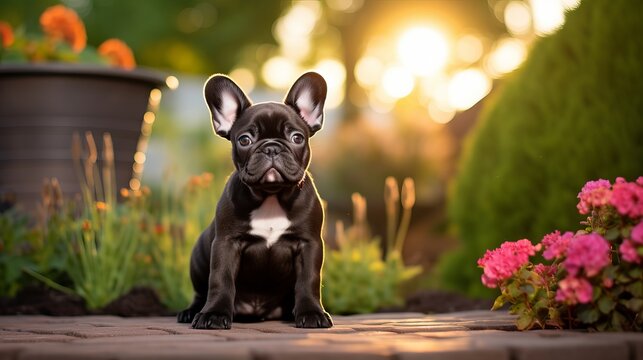 The camera is being looked at by a cute french bulldog puppy who is sitting outside.