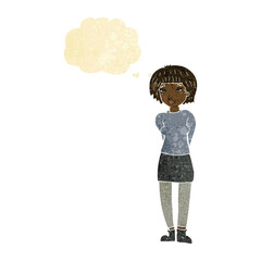 cartoon shy woman with thought bubble