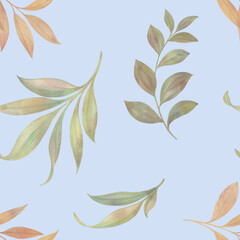seamless abstract botanical pattern, drawn watercolor leaves on a blue background