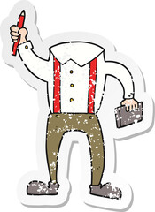 retro distressed sticker of a cartoon headless body with notepad and pen