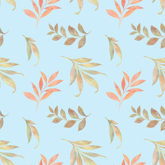 seamless watercolor pattern, abstract background for the design of wrapping paper, textile, wallpaper, drawn branches with leaves on a blue background