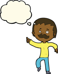 cartoon man with mustache pointing with thought bubble