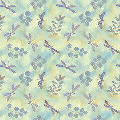 seamless pattern of watercolor flowers, dragonflies and butterflies on an abstract background