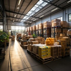 warehouse indoor view, with a temperature-controlled storage area displaying boxes of perishable goods or delicate products, Storehouse - obrazy, fototapety, plakaty
