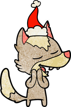 hand drawn textured cartoon of a wolf laughing wearing santa hat