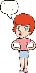cartoon woman with hands on hips with speech bubble