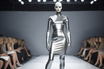 Futuristic Elegance: Cyborg Runway Showcase. Female cyborg on the catwalk wearing elegant attire. Mannequin comes to life