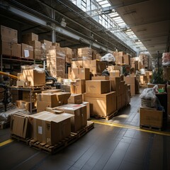 warehouse indoor view with a section dedicated to oversized or irregularly shaped boxes, highlighting the diversity of stored items