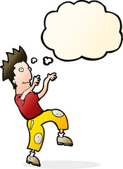 cartoon happy man doing funny dance with thought bubble