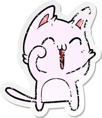 distressed sticker of a happy cartoon cat meowing