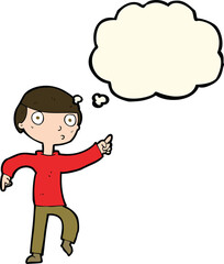 cartoon boy pointing with thought bubble