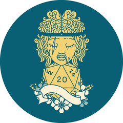 Retro Tattoo Style half orc barbarian character with natural twenty dice roll