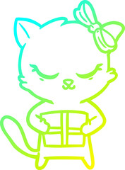 cold gradient line drawing of a cute cartoon cat with bow