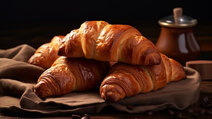 The rustic style is used to bake fresh french croissants with chocolate made from rye and flour. - obrazy, fototapety, plakaty
