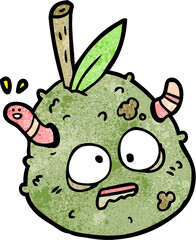 cartoon rotting old pear with worm