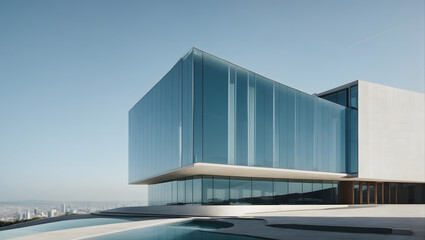Fototapeta na wymiar Contemporary Architecture with Glass Panels and Minimalist Aesthetics Amidst a Clear Day Skyline.