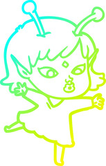 cold gradient line drawing of a pretty cartoon alien girl