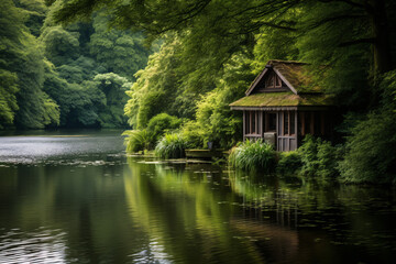 A serene boathouse on the brink of a placid lake, encompassed by lush vegetation, forming a tranquil lakeside haven.