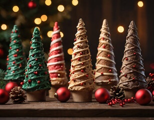 Multicolored Christmas tree-shaped cookies.