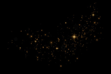 Christmas glowing bokeh confetti light and glitter texture overlay for your design. Festive sparkling gold dust png. Holiday powder dust for cards, invitations, banners, advertising.